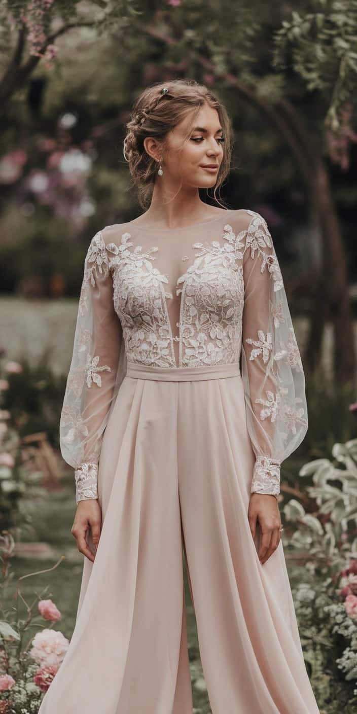 Bride enjoying her garden wedding in a lace-accented jumpsuit wedding dress with a soft blush hue