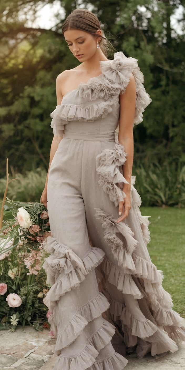 Bride twirling in a soft fabric jumpsuit wedding dress with ruffled details and vintage charm