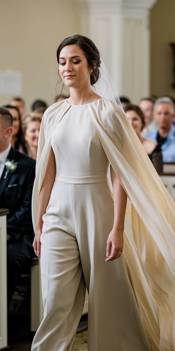 Bride turning heads in a sleek jumpsuit wedding dress with a cape that exudes timeless sophistication