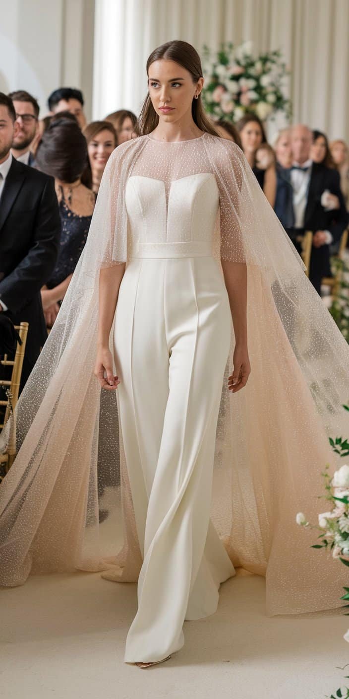 Bride in a caped jumpsuit wedding dress with a tailored fit and flowing upper layer for dramatic flair