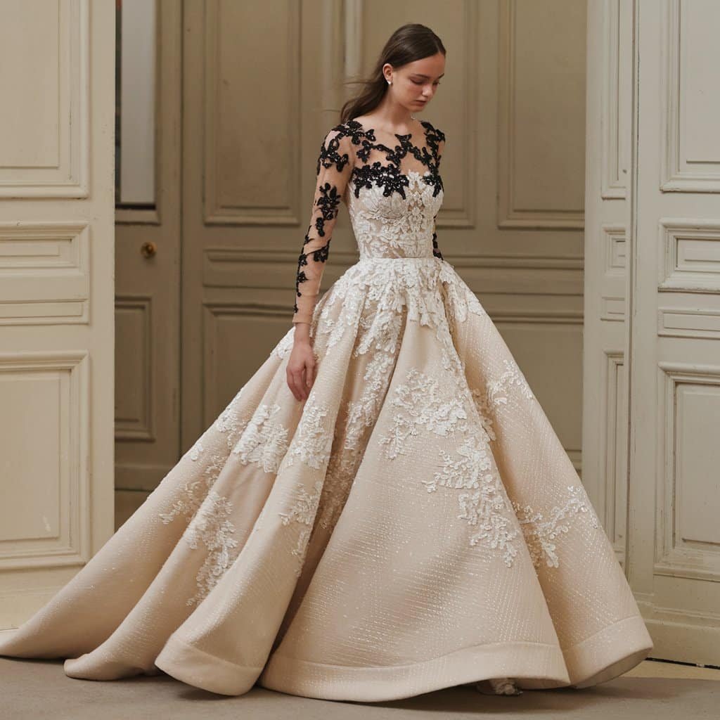 Beautiful bride in a black and white wedding dress with a lace-embellished bodice and dramatic ballgown skirt.