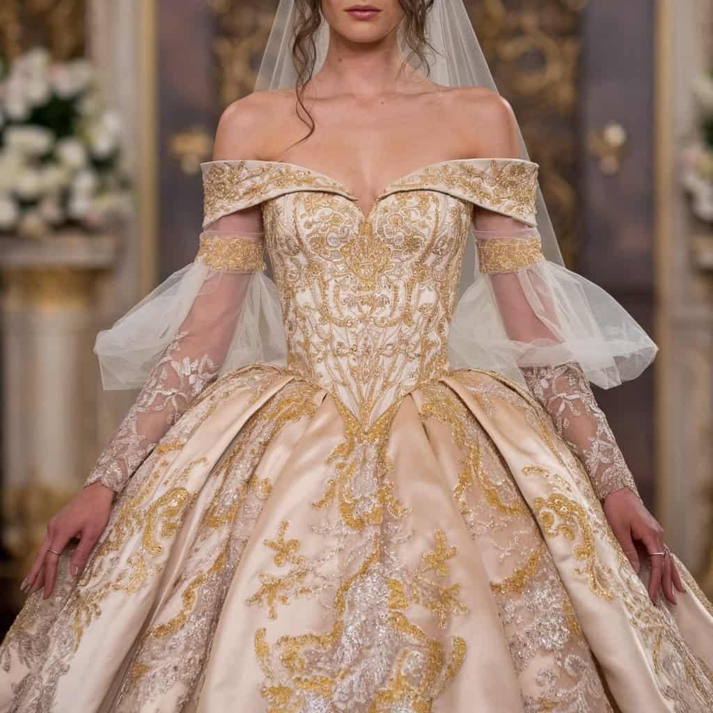 Beautiful gown adorned with intricate embroidered details, enhancing the elegance of the off-the-shoulder design.