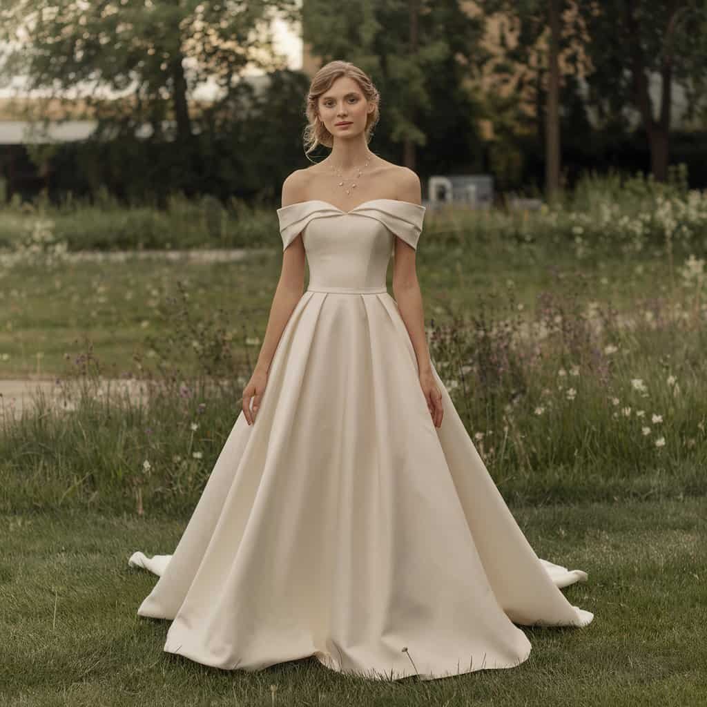 Beautiful off-the-shoulder A-line gown, offering a clean and modern silhouette that exudes royal charm.