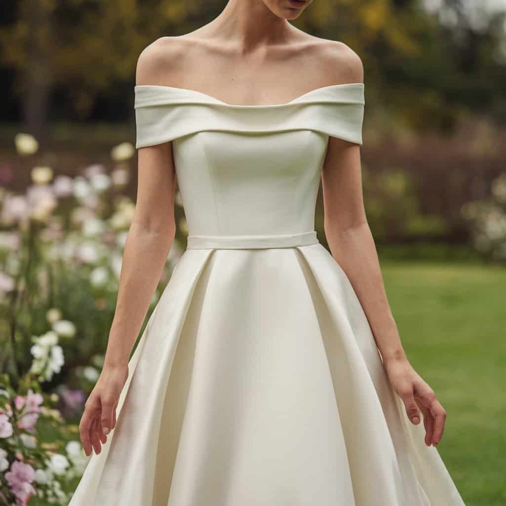 Sophisticated royal off-the-shoulder wedding dress featuring a minimalist A-line cut, ideal for an understated yet elegant look.