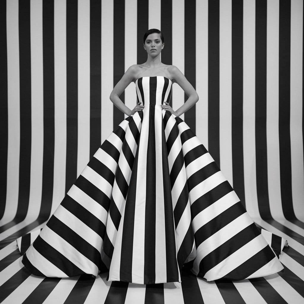 Trendy monochrome striped black and white wedding dresses for brides who want to make a fashion statement.