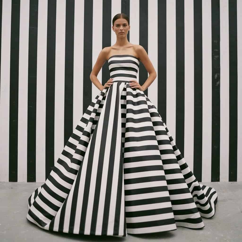 Eye-catching black and white wedding dresses with vertical or horizontal stripes, creating a bold and graphic look.
