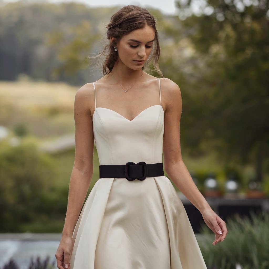 Chic black and white wedding dresses with minimalist slip style and black belts for a sophisticated, timeless look.