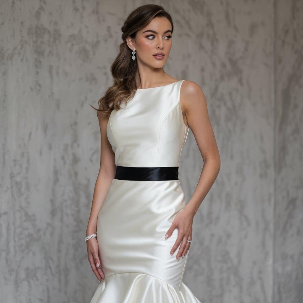 Chic satin mermaid black and white wedding dresses featuring black waistbands or trim for a refined bridal style.
