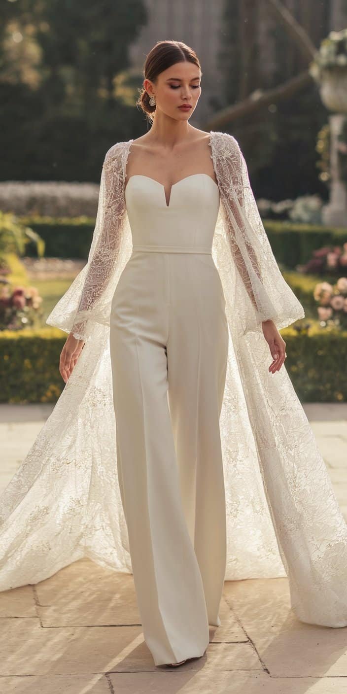 Elegant jumpsuit wedding dress with wide-leg trousers and a classic fitted bodice perfect for a sophisticated bride