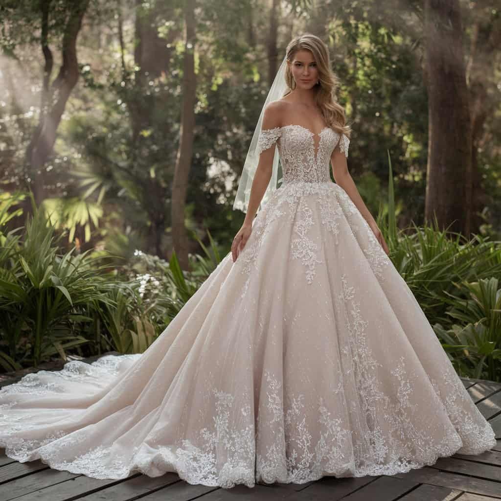 Majestic royal wedding dress with an off-the-shoulder design and a flowing dramatic train, ideal for an unforgettable celebration.
