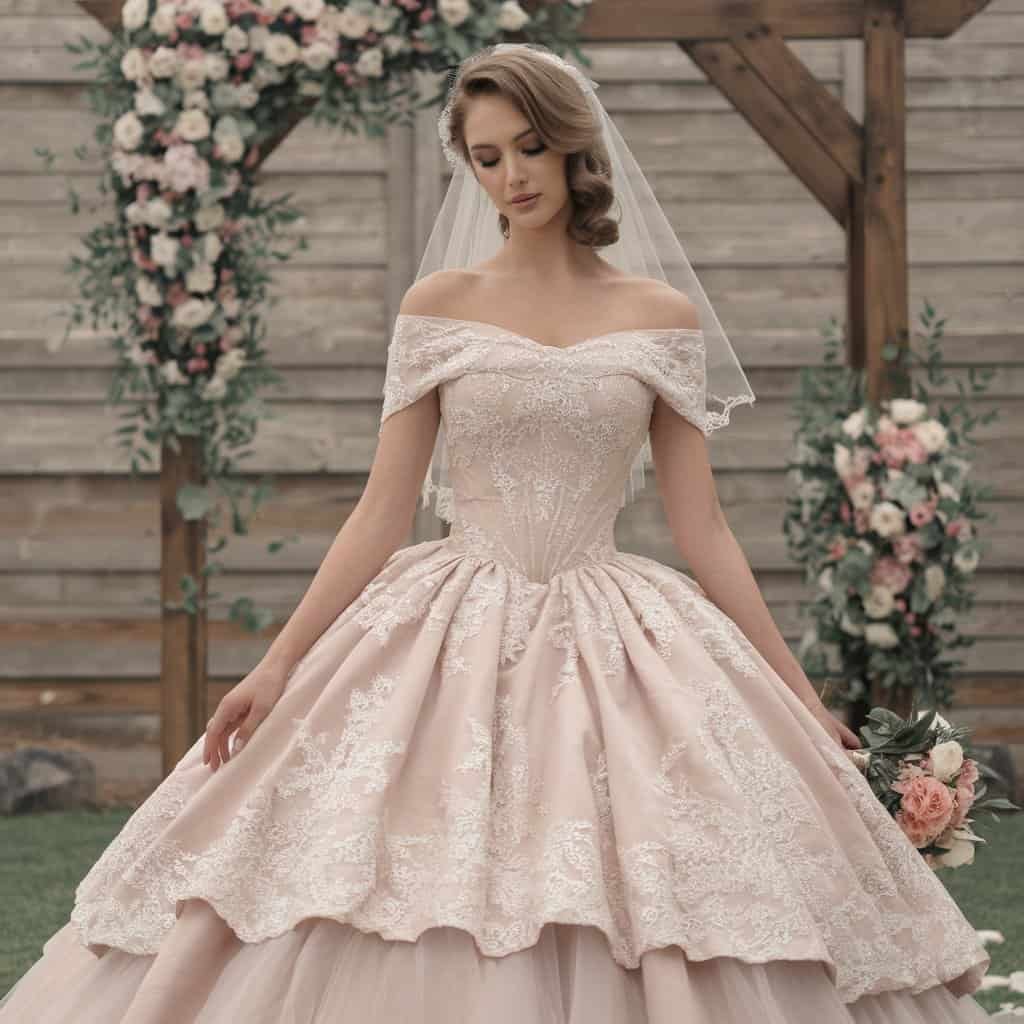Charming royal wedding dress with intricate lace details and an off-the-shoulder design, ideal for a classic wedding theme