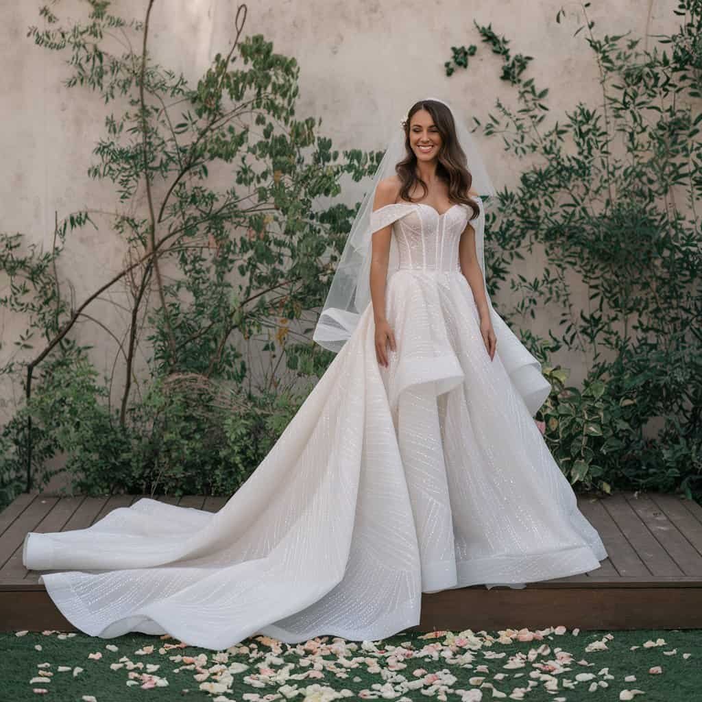 Elegant gown featuring an off-the-shoulder neckline and an exquisite train, perfect for a bride wanting a royal statement