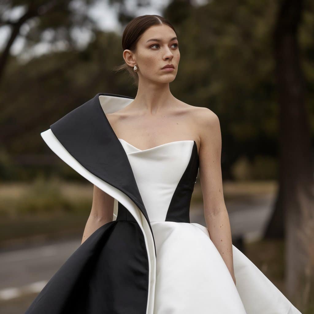 Dramatic black and white wedding dresses with asymmetrical necklines and bold layers creating a unique bridal style.
