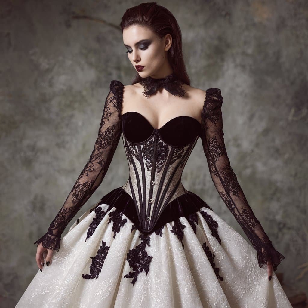 Dark and romantic black and white wedding dress with a corset-style bodice and flowing white skirt for gothic-inspired elegance.