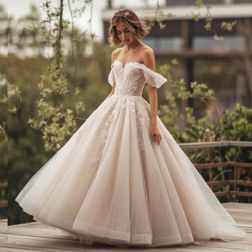 Whimsical gown with layered tulle and an off-the-shoulder design, embodying the magical essence of a princess-inspired wedding
