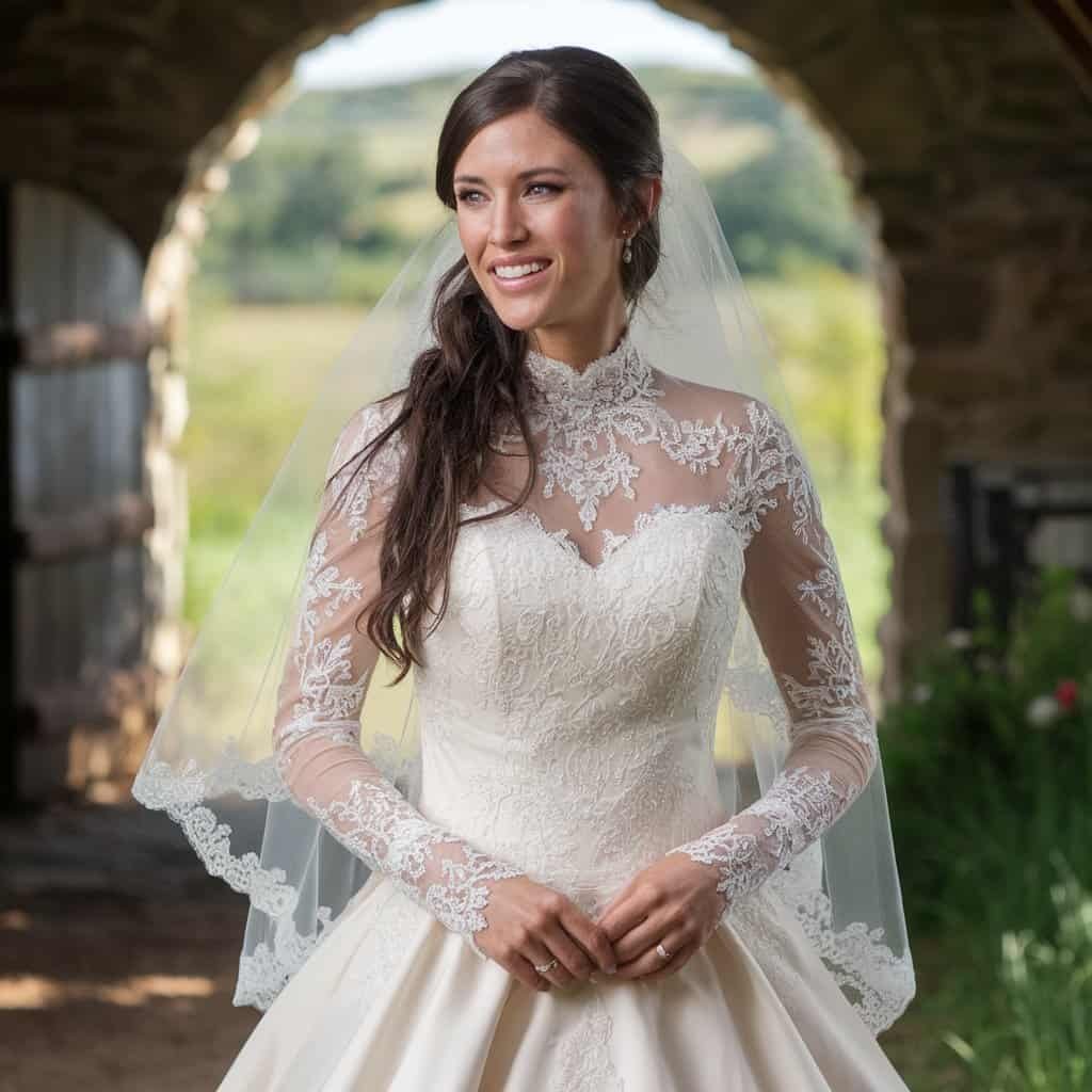 Elegant Lace and Satin Western wedding gown with dramatic train, perfect for rustic countryside weddings or vineyard ceremonies.