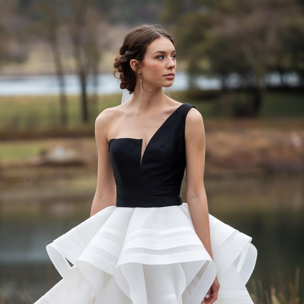 Bride in a stylish black and white wedding gown featuring asymmetrical necklines and layered contrast for a fashion-forward look.
