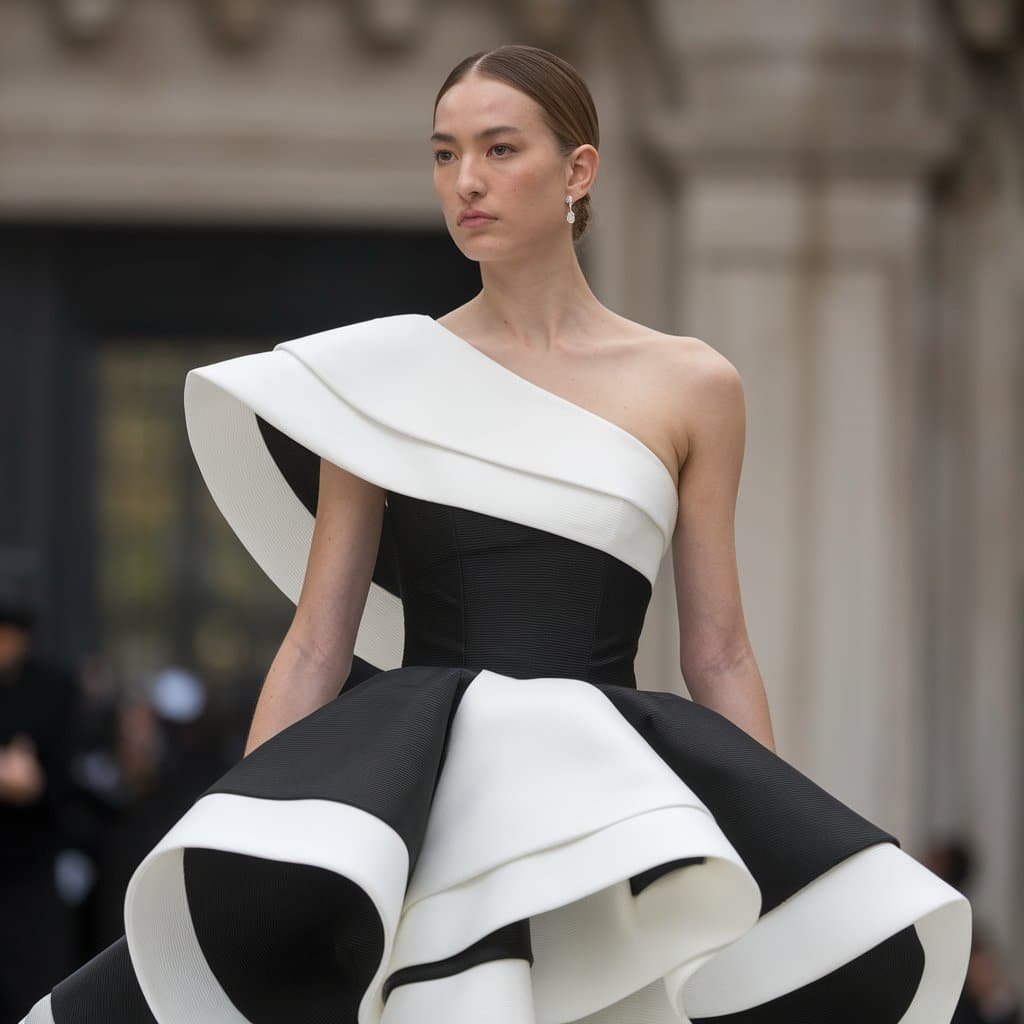 Fashionable black and white wedding dresses with an asymmetrical neckline and contrasting layers for an innovative wedding look.