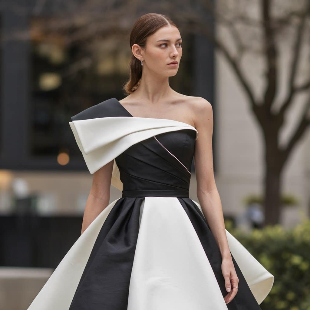 Bold black and white wedding dress with an asymmetrical neckline and contrasting black and white layers for a modern, cutting-edge design.