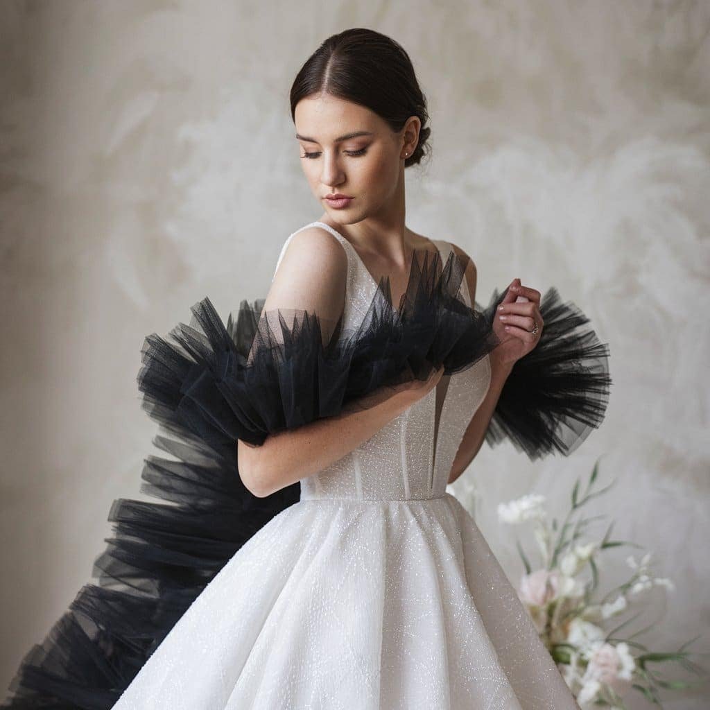 Elegant black and white wedding dresses featuring soft white A-line skirts with black tulle overlays for an enchanting look.