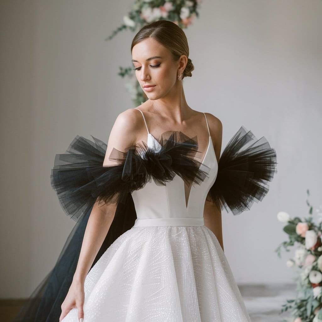 Bride in a stunning black and white wedding dress with a dramatic black tulle overlay for a blend of softness and boldness.