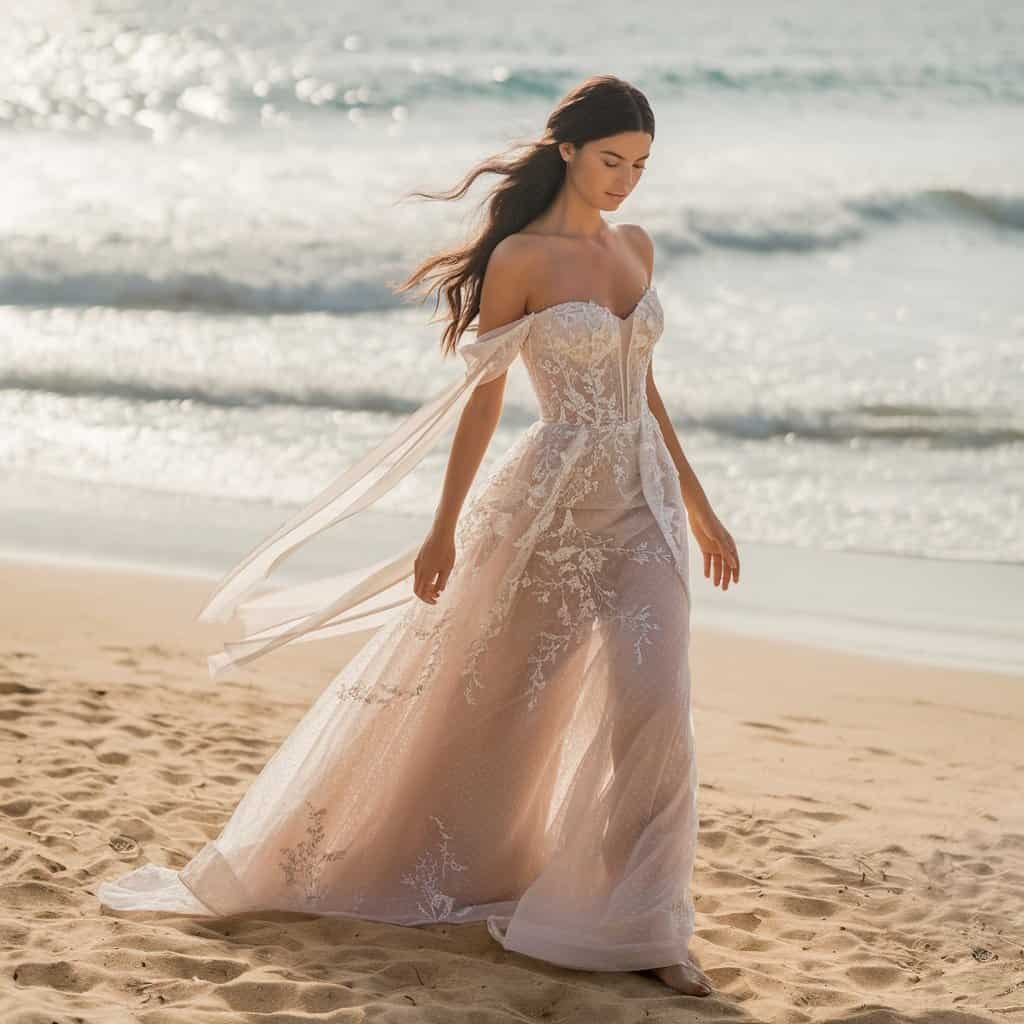 Beautiful off-the-shoulder gown showcasing a graceful cape, perfect for a bride looking for a regal yet relaxed beach vibe