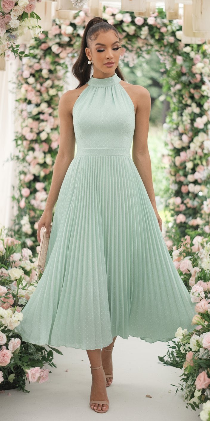 A chic midi dress in mint green featuring floral embroidery on the bodice and a subtle slit for added style. This dress is perfect for brunch weddings or semi-formal outdoor receptions.