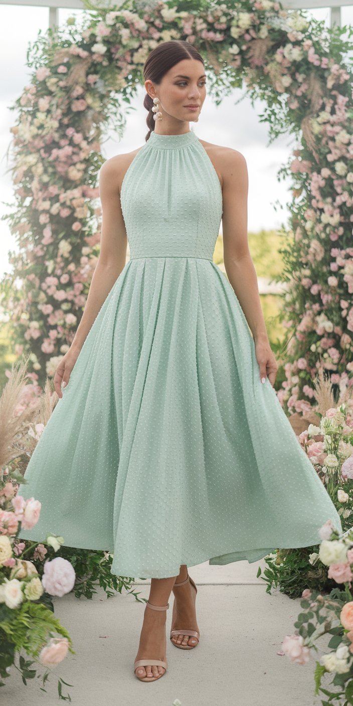 A mint green tea-length dress with pleated fabric and a halter neckline, styled for a sunny garden wedding. Its airy design ensures comfort while exuding fresh spring vibes.