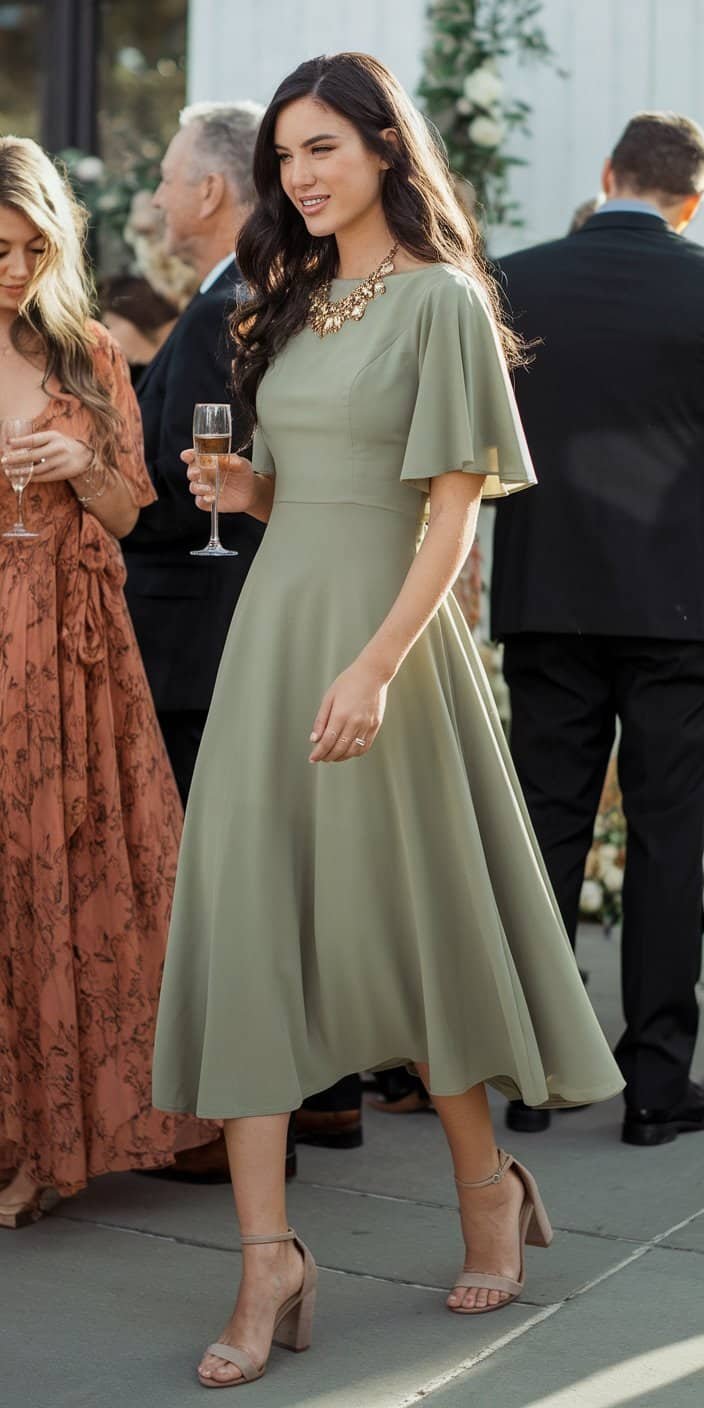 An olive green maxi dress with a thigh-high slit and a halter neck, styled for evening weddings or beachside celebrations.