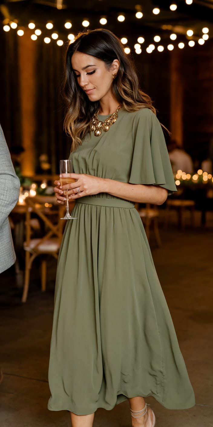 An olive green wrap dress with flutter sleeves and a midi length, perfect for transitioning seamlessly from day to evening weddings.