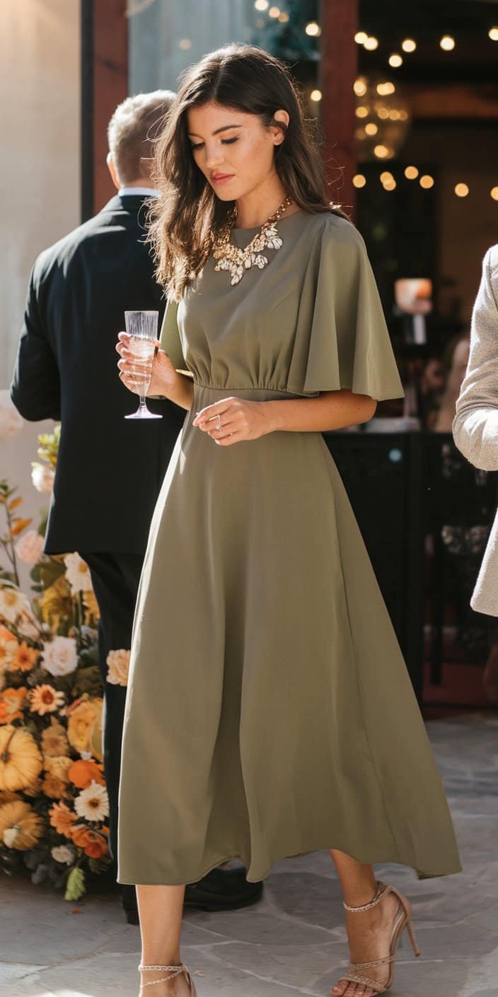 A knee-length olive green dress with a high neckline and a fitted silhouette, offering understated elegance for formal and semi-formal weddings.