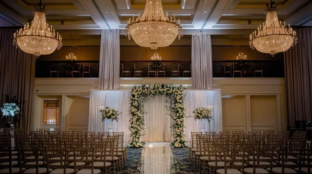 Avakov Wedding New Jersey – Newlyweds sharing their first dance in a grand ballroom, surrounded by breathtaking décor and glowing lights.