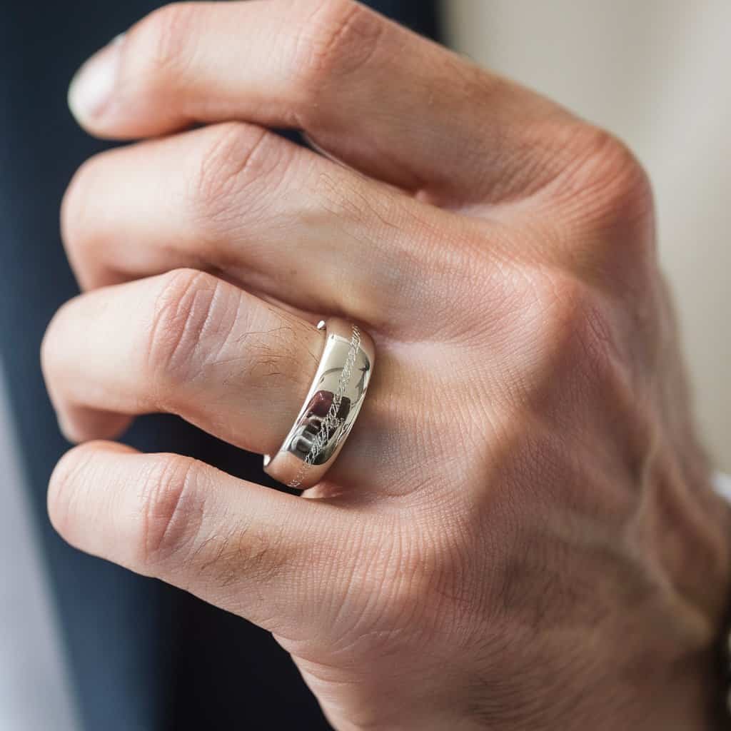 A polished men's white gold wedding band with a custom twist, offering elegance and timeless appeal.