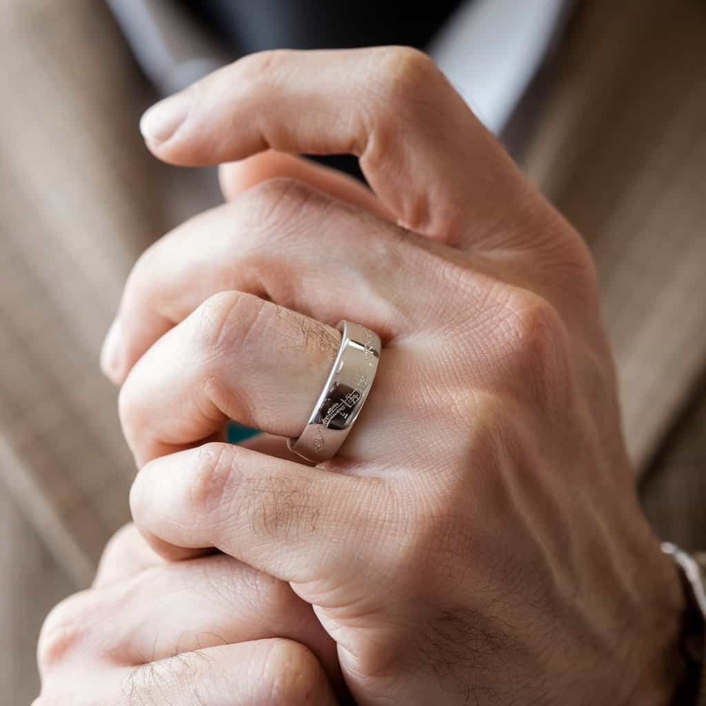 Handsome classic men's white gold wedding band featuring a comfortable fit and delicate engraving for a personalized touch.