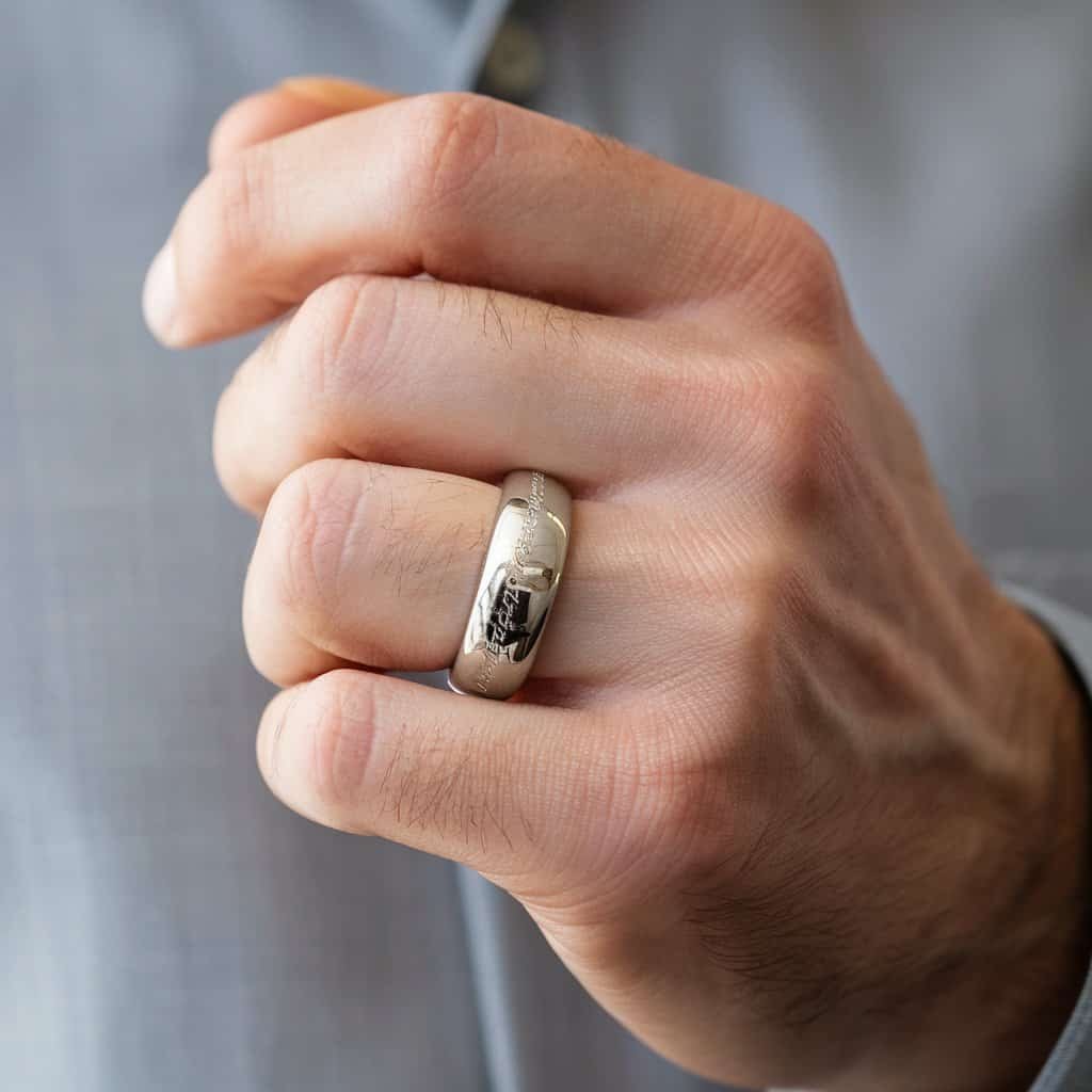 Elegant men's white gold wedding band with rounded edges and polished finish, personalized with a meaningful engraving.