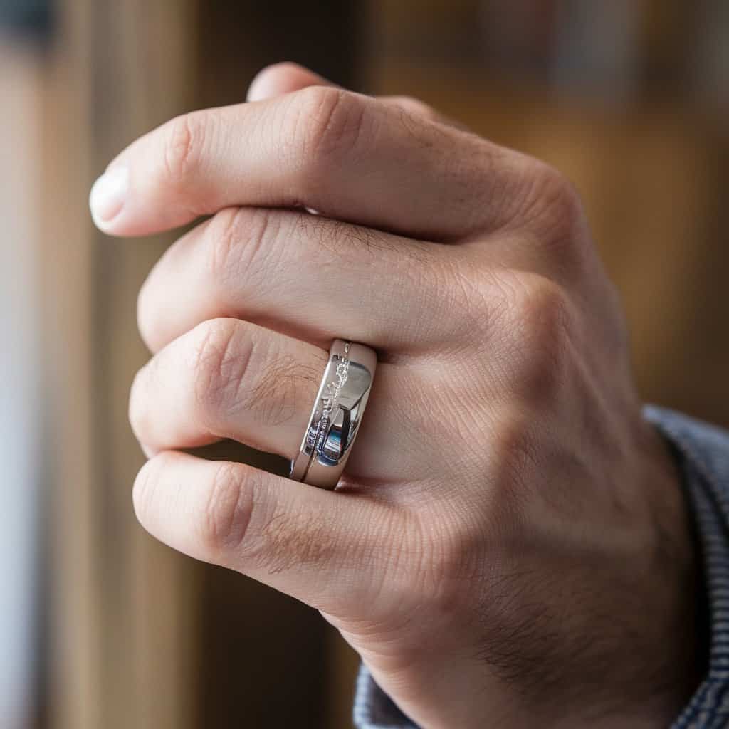 Close-up of a man’s hand showcasing a classic comfort fit men's white gold wedding band with subtle engravings.
