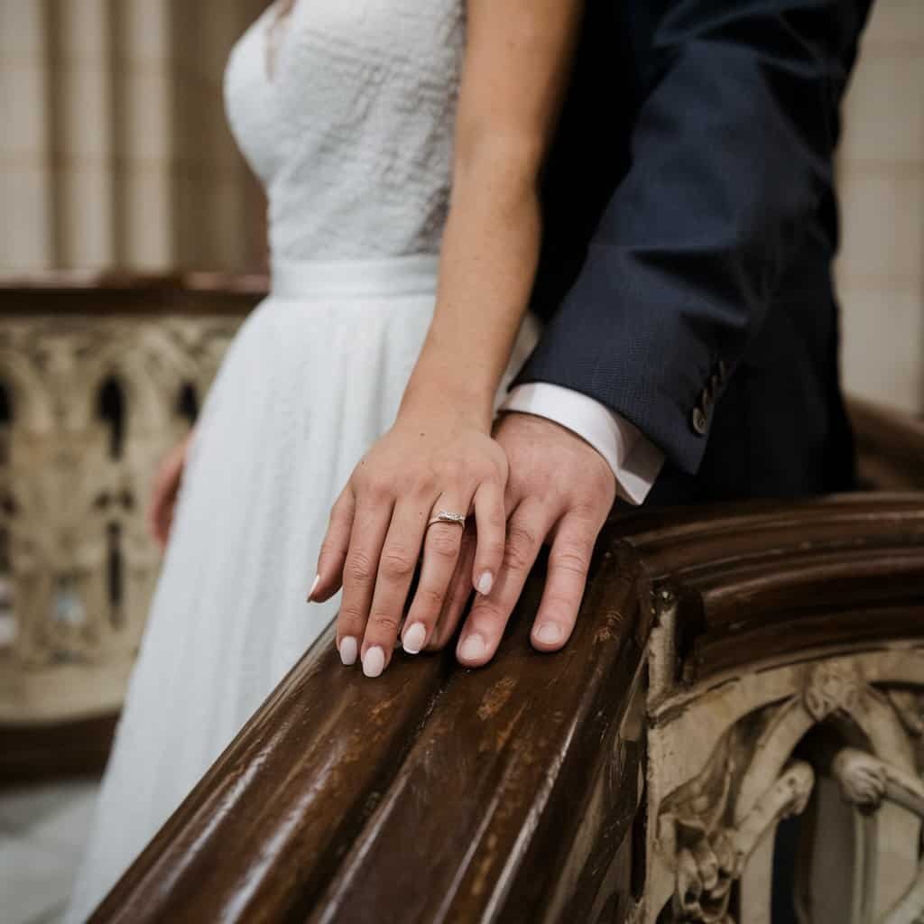 Close-up of a couple’s hands displaying their wedding rings at a courthouse wedding. The couple's hands are shown in a close-up, featuring their wedding rings, symbolizing their commitment made during the special courthouse wedding.