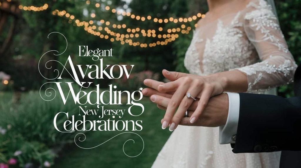 Elegant black wedding gown and tailored suit worn by the bride and groom at an Avakov Wedding New Jersey, set against a dreamy garden backdrop. The scene captures the couple’s love and the magical atmosphere of their New Jersey wedding celebration.