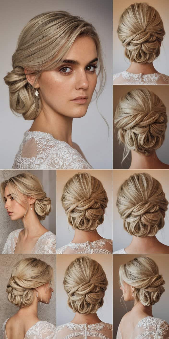 Elegant wedding guest hairstyle featuring a sophisticated side bun with twisted details