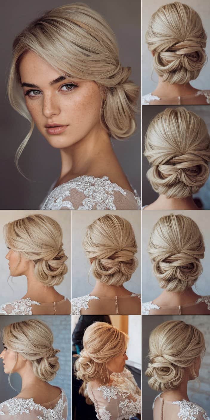Modern wedding guest hairstyle presenting an asymmetrical twisted side bun for evening events