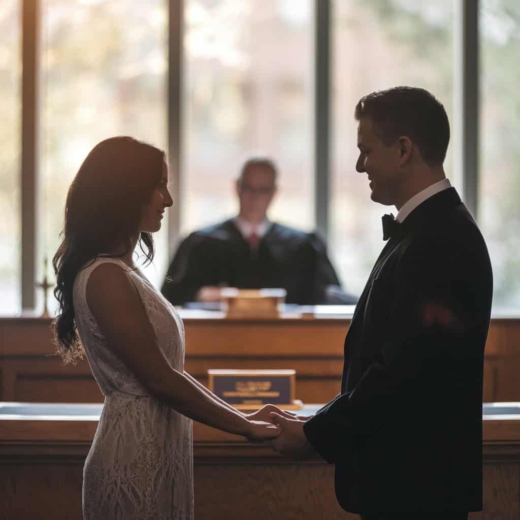 A married couple stands together in a sunny courthouse, joyfully exchanging vows, highlighting the personal nature of their courthouse wedding.