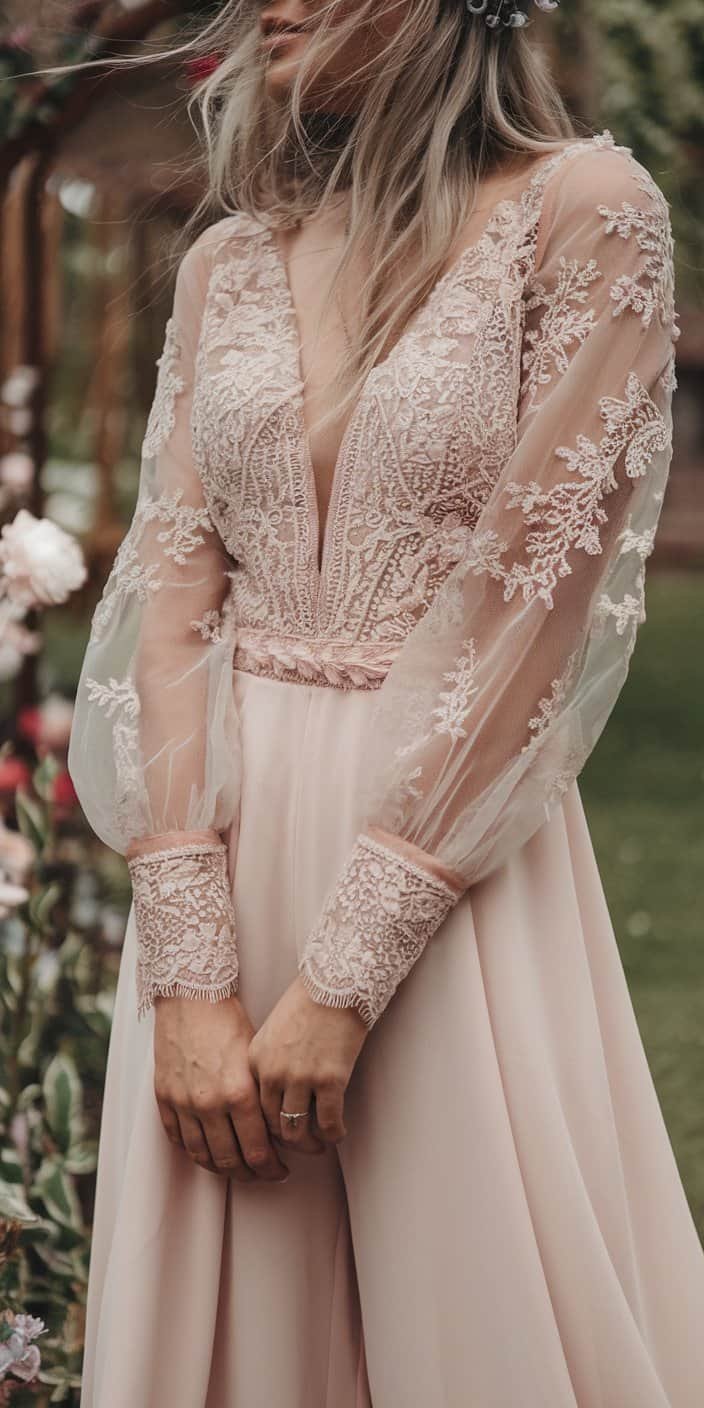 Bohemian bride in a blush jumpsuit wedding dress with floral lace accents and billowing sleeves