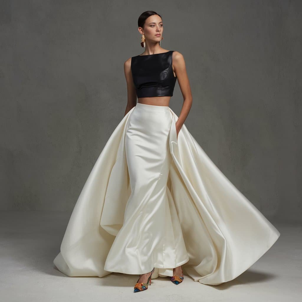Fashion-forward bride in a black crop top and white skirt, styled with bold accessories for a chic black and white wedding dress.