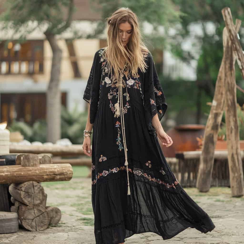 Black Wedding Guest Dresses: Bohemian Maxi with Lace Detailing – A stunning black bohemian maxi dress with intricate lace detailing, perfect for a relaxed but chic wedding guest look.