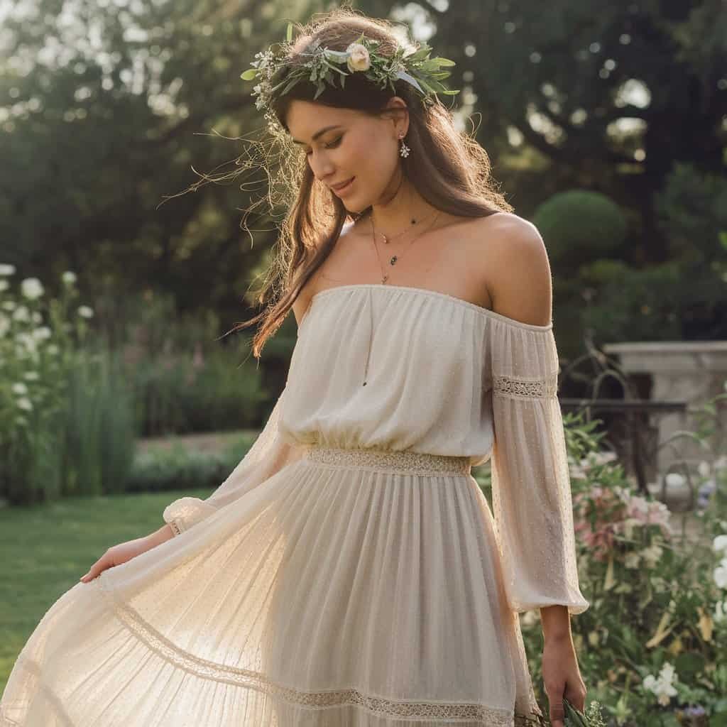 Delicate royal off-the-shoulder wedding dress made from flowy chiffon, ideal for a romantic and ethereal bridal look.