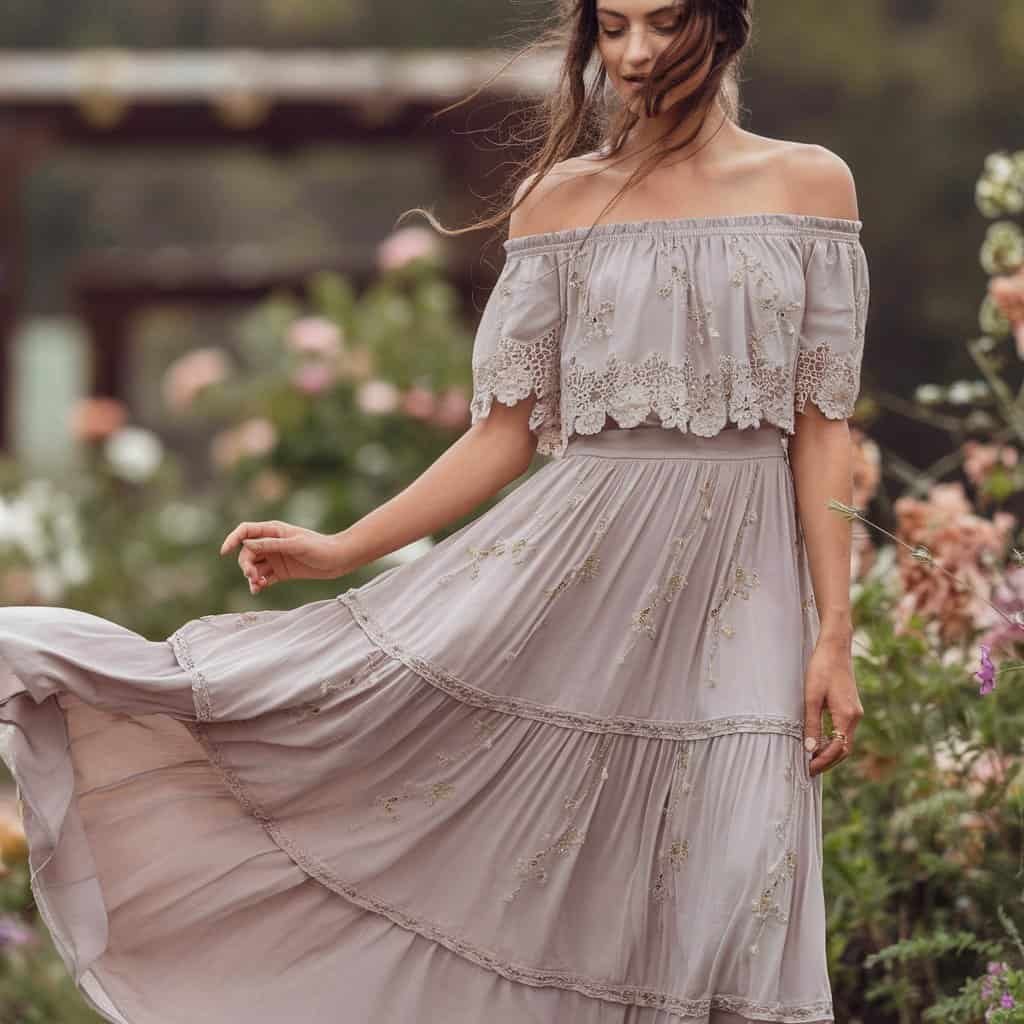 Charming off-the-shoulder gown crafted from airy chiffon, ideal for a whimsical and regal bridal style