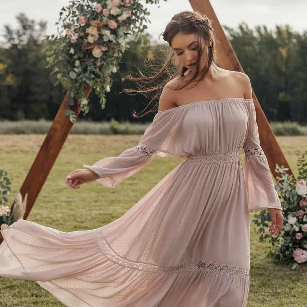 Romantic royal wedding dress featuring a flowing chiffon silhouette and off-the-shoulder neckline, embodying effortless beauty.