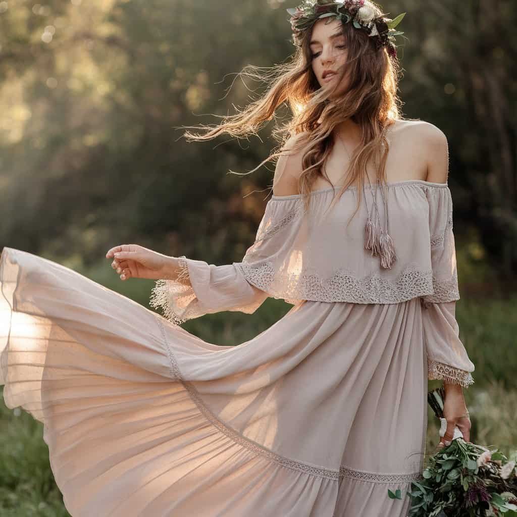 Elegant off-the-shoulder gown in lightweight chiffon, perfect for brides seeking a soft and graceful wedding aesthetic
