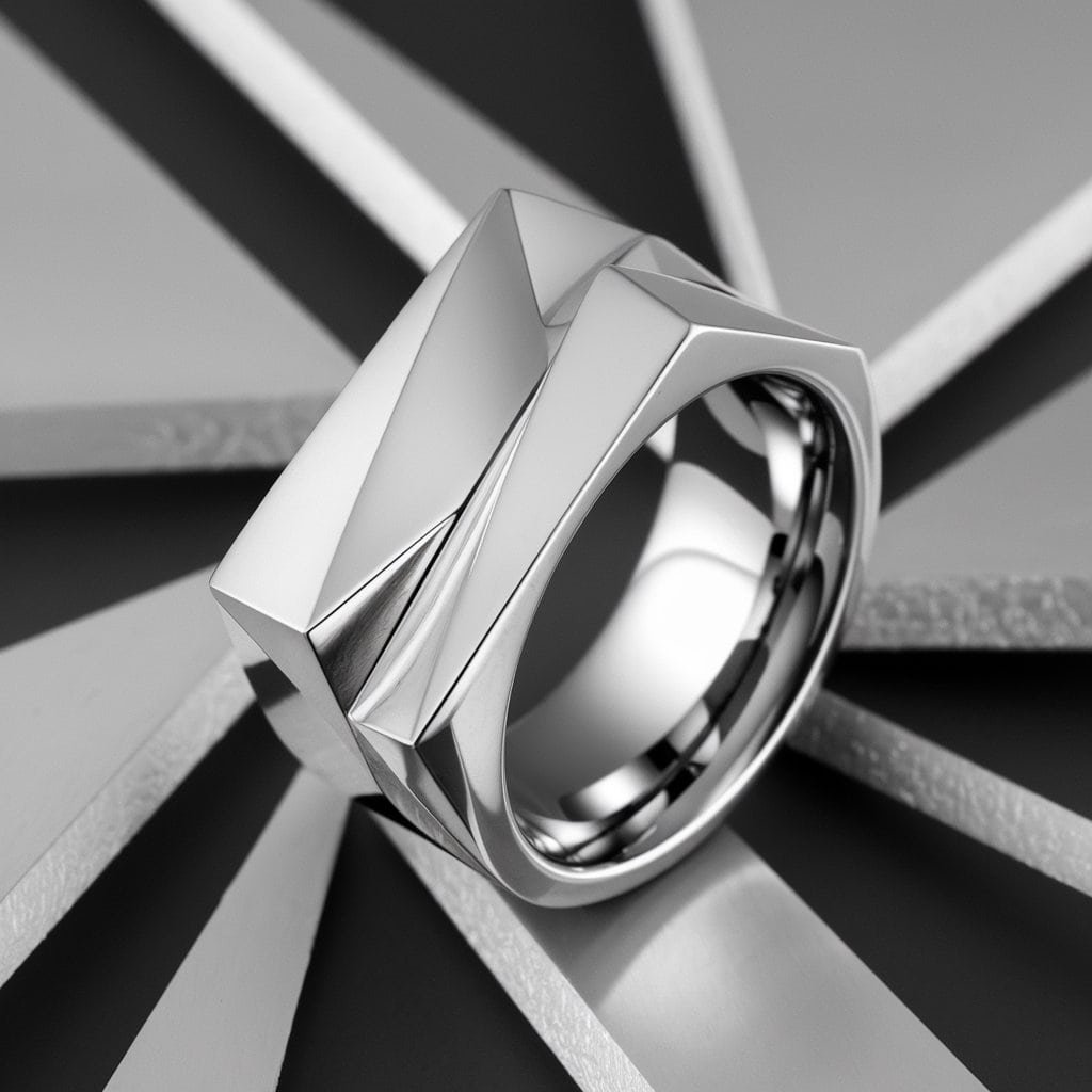 Bold and modern men's white gold wedding band featuring geometric shapes for a futuristic, edgy look.