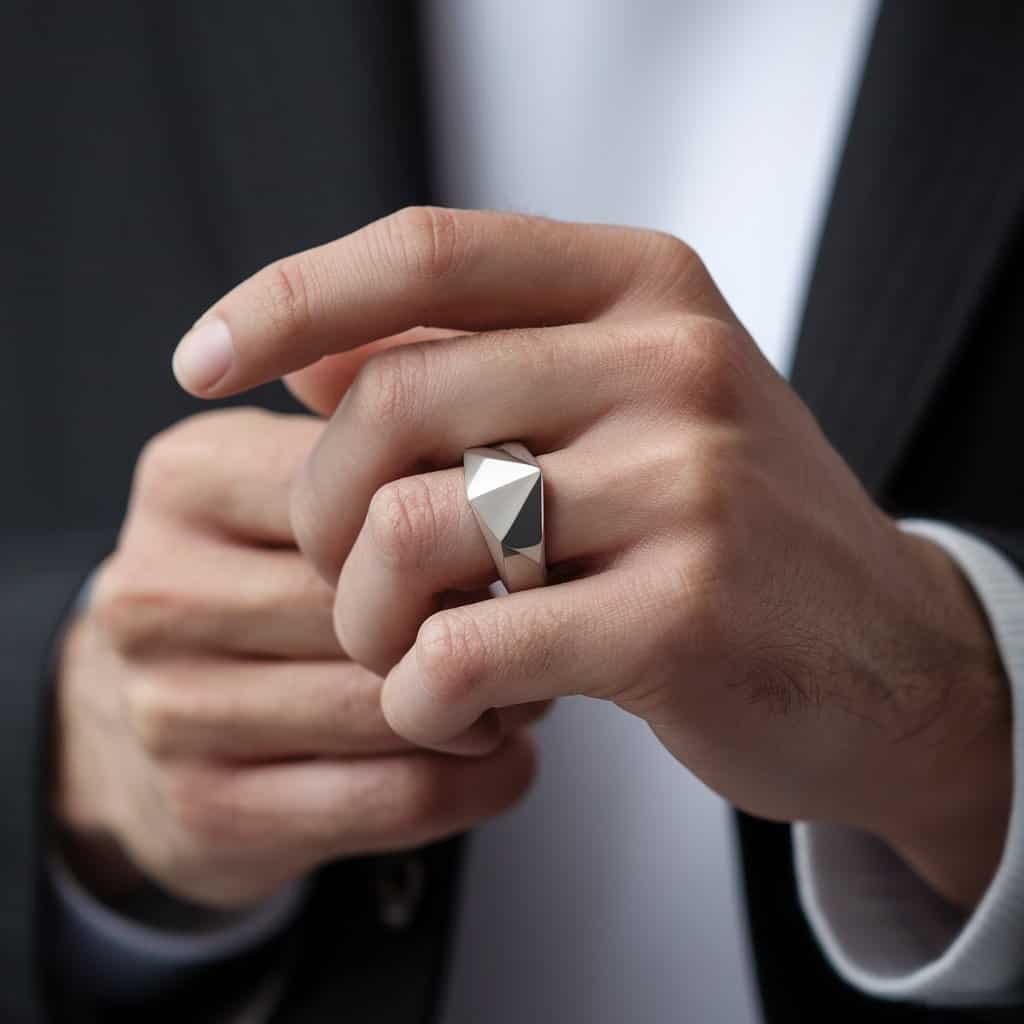 Close-up of a men’s white gold wedding band showcasing sharp lines and geometric shapes for a unique, architectural look.